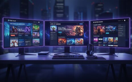 diverse collection of gaming blog interfaces displayed on multiple screens showing news reviews and gameplay guides