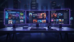 diverse collection of gaming blog interfaces displayed on multiple screens showing news reviews and gameplay guides
